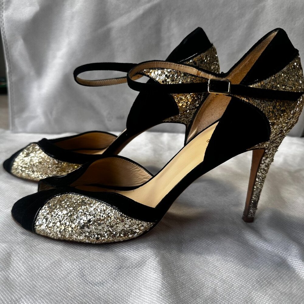 Kate Spade SZ 10 B Black Suede with Gold glitter Sandals